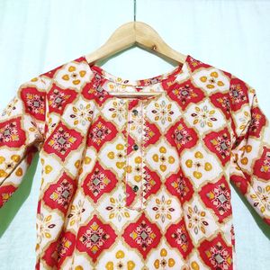 Cream And Red Foil Printed Kurti