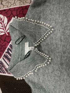 Gray Sweater with Pearl Detail