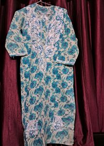Sea Green Printed Embroidered Kurti
