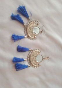 Blue Tassel Mirror Earrings