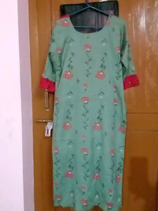 Green With Red Cotton Rayon Kurta