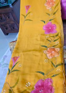 Mango Yellow Paint Colored Saree With Blouse. (New