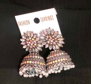 White kundan work Oxidised jhumka