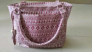White With Maroon Motifs Allover Handbag