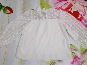 (1100)White Polka Dot Sheer Sleeve Blouse