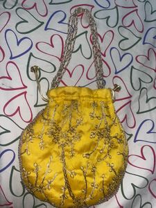 Hand-Embroidered Yellow Silk Brand New Potli Bag