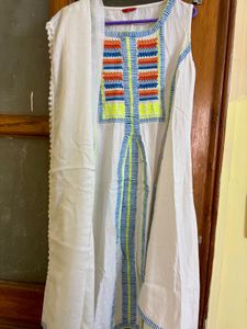 White Embroidered kurta with dupatta