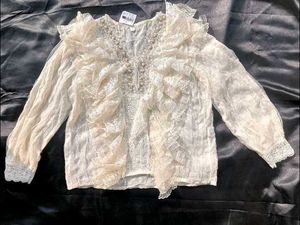 Heavy Industry Beaded Rufle Lace Spring V-neck Top