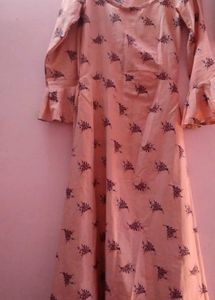 Peach Floral Print Ruffle Sleeve Dress