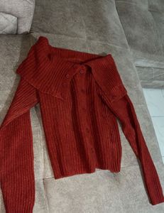 Rust Ribbed Knit Off-shoulder Cardigan