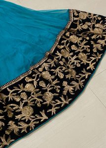Teal &amp; Black Embroidered Anarkali
