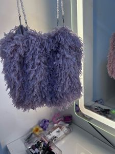 Lilac Faux Fur Beaded Shoulder Bag