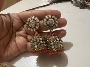 Pink mirror jhumkas