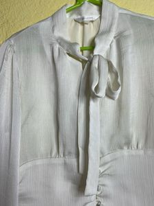 White Tie-Neck Ruffle Blouse