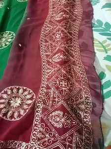 Green &amp;Pink  Embroidered Saree No Blouse