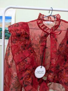 Red Floral Exaggerated Top