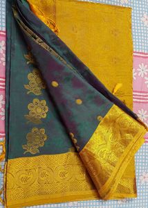 Elegant Teal &amp; Gold Floral Saree