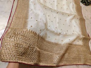 Elegant White &amp; Gold Embroidered Saree Need Dry Cl