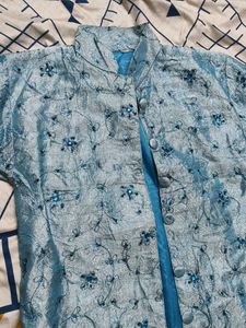 Women Blue Silk Embellished Ethnic Jacket