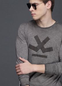 WROGN Men Grey Slim Fit Striped Cotton Pure Cotto