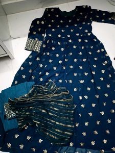 Teal Flore Length Gown With Pant N Dupatta