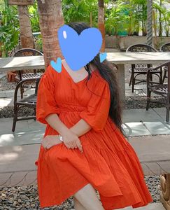 Orange Puff Sleeve / V Neck Midi Dress For Women