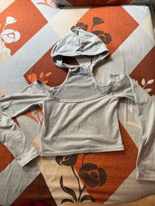 Gray Cold Shoulder Hoodie Top