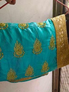 Elegant Teal &amp; Gold Embroidered Saree