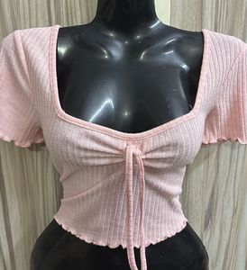 Pink Ribbed Tie Front Top