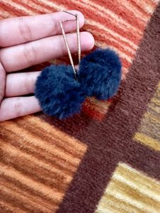 Furry Navy Blue Cottan Ball Earrings