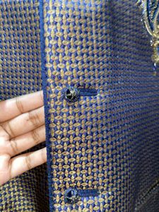 Men&#39;s Blue &amp; Gold Embroidered Sherwani Jacket