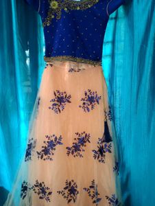 Blue & Peach Embroidered Lehenga Choli Set