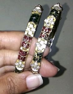 2 Bangles,  Kada With Studs And Red &amp; Green