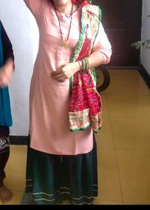 Peach And Green Kurta Sharara Set