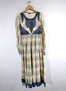 Cream And Navy Blue Embroidered Kurta (Women's)