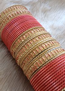 Orange and Gold Metal Bangles Set Of 48