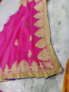 Pink Saree With Golden Zari Work