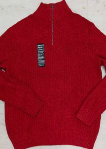 Red Zip-Up Knit Sweater