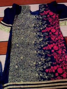 Navy Blue & Pink Embroidered Kurta