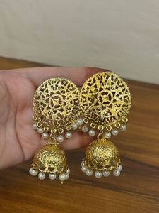 Golden Jhumka Earrings with Pearls