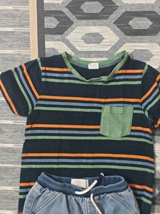 Boy's Striped Tee &amp; Denim Shorts Set