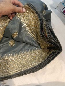 Cash Only Elegant Gray &amp; Gold Embroidered Saree