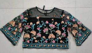 Mesh Embroidered Black Crop Top