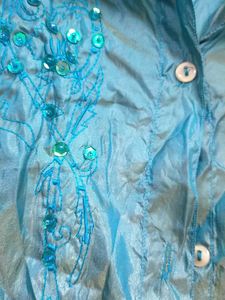Teal Embroidered Long Sleeve crinkle Shirt