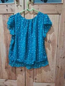Aqua Polka Dot Flutter Sleeve Top