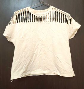 Trendy Cut-Out Ladder Neck White Crop Top