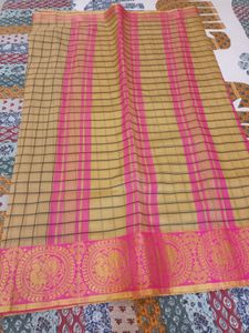 Golden yellow and Pink cotton silk saree With Zari