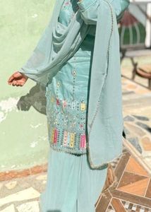 Teal Embroidered Sharara Suit Set