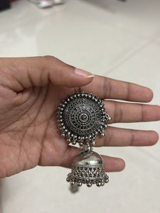 Oxidized Silver Ear Chain Jhumka Set