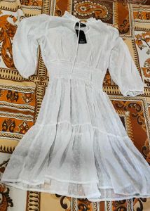 White Swiss Dot Flounce Mini Dress